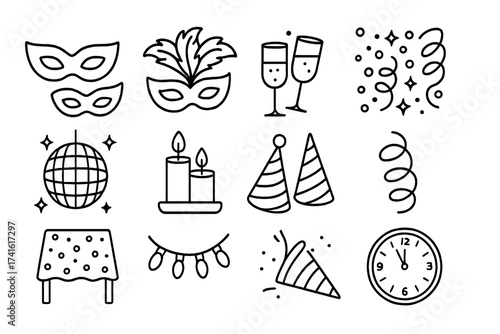 Masquerade Ball Icons. Outline icon set of New Year’s Eve masquerade ball decorations: masquerade masks,