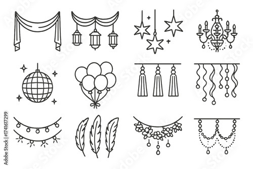 Ballroom Ceiling Icons. Outline icon set of ballroom ceiling decorations: draped fabrics, hanging lanterns,