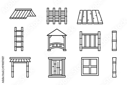 Bamboo Architecture Icons. Outline icon set of bamboo in architecture: bamboo roof, wall, fence, flooring,