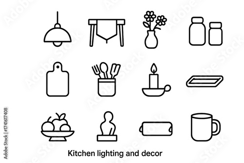 Kitchen Decor Icons. Outline icon set of kitchen lighting and decor: pendant lamp, counter runner, flower vase
