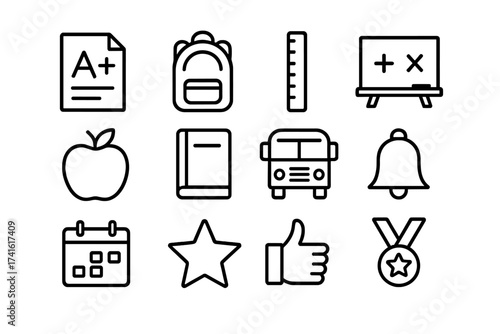 School Behavior Icons. Outline icon set of school behavior goals: A+ paper, backpack, ruler, chalkboard, apple