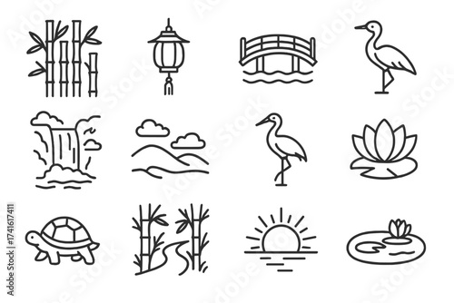 Bamboo Grove Icon Set. Outline icon set of bamboo grove landscapes: bamboo stalks, lantern, bridge, koi fish,