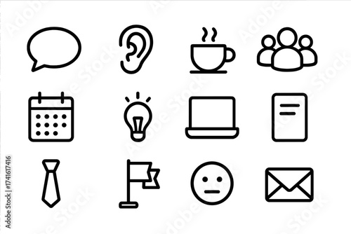 Office Gossip Icons. Outline icon set of office gossip management: speech bubble, ear icon, coffee cup, group