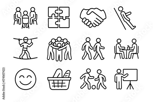Team-Building Icon Set. Outline icon set of team-building for wellness: group activity, puzzle pieces,
