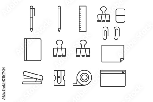 Minimalist Stationery Icons. Outline icon set of minimalistic stationery kit: monochrome pen, slim pencil,