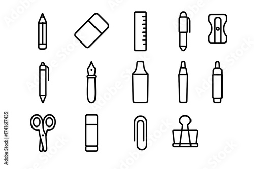 Pencil Case Essentials. Outline icon set of pencil case essentials: pencil, eraser, ruler, sharpener,