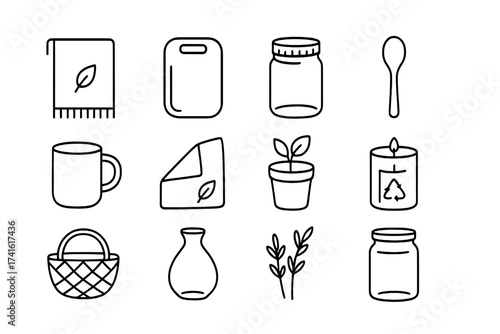 Eco Kitchen Icons. Outline icon set of eco-friendly kitchen decor: organic cotton runner, bamboo cutting board