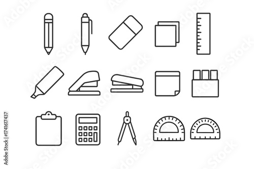 Exam Stationery Icons. Outline icon set of exam preparation stationery: HB pencil, ballpoint pen, eraser,