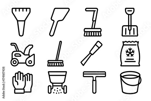Snow Tool Icons. Outline icon set of snow and ice removal tools: metal ice scraper, plastic scraper, snow