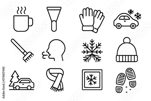 Frosty Morning Icons. Outline icon set of frosty morning routine: hot coffee mug, ice scraper, gloves, frozen