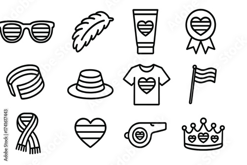 Pride Parade Accessories. Outline icon set of pride parade accessories: rainbow sunglasses, feather boa, face
