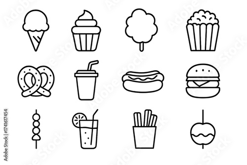 Pride Parade Street Food Icons. Outline icon set of pride parade street food: ice cream cone, rainbow cupcake,