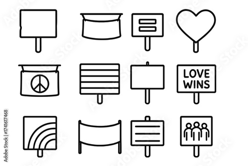 Pride Parade Icons. Outline icon set of pride parade signs and banners: hand-painted sign, printed banner,