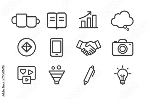 Creative Marketing Icons. Outline icon set of creative marketing meetings: coffee mugs, open notebook, bar