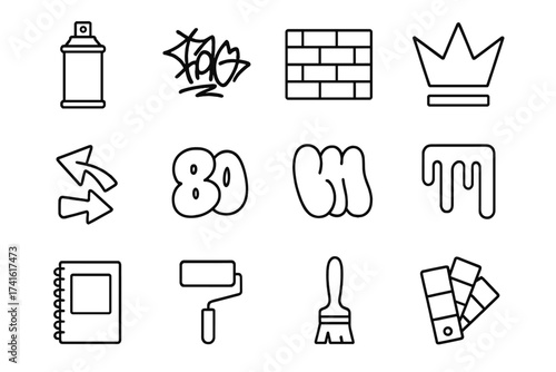 Street Art Icons. Outline icon set of street art symbols: spray paint can, graffiti tag, wall, crown icon,