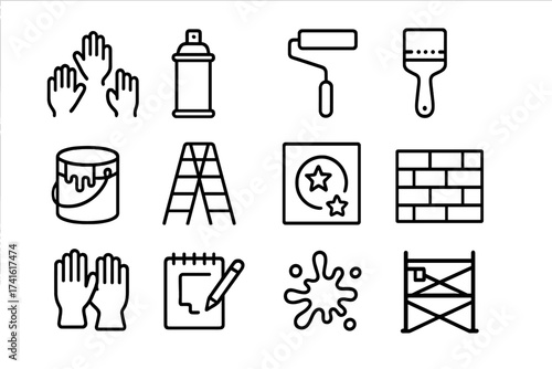 Collaborative Mural Icons. Outline icon set of collaborative mural creation: multiple hands, spray cans,