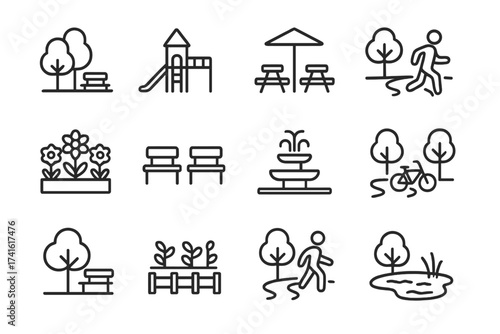 Urban Green Space Icons. Outline icon set of urban green spaces: public park, playground, picnic tables,