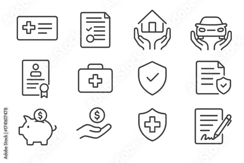 Insurance Icons Grid. Outline icon set of insurance purchase discussions: health insurance card, policy