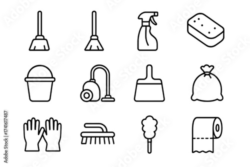 Home Cleaning Icons. Outline icon set of cleaning the old home before leaving: broom, mop, cleaning spray,