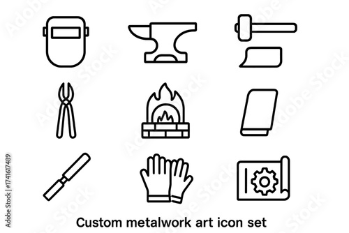 Metalwork Icon Set. Outline icon set of custom metalwork art: welding mask, anvil, hammer, tongs, forge, metal