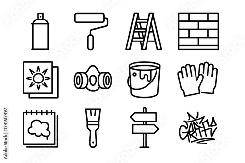 Street Art Tools. Outline icon set of creating a street art mural: spray paint can, paint roller, ladder, wall