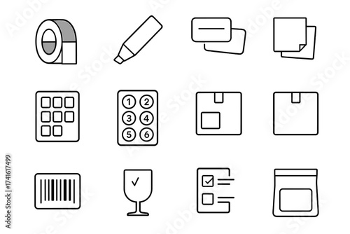 Organized Packing Icons. Outline icon set of labeling and color-coding boxes: colored tape, marker pen, labels