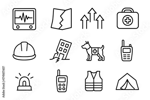 Earthquake Preparedness Icons. Outline icon set of earthquake disaster planning: seismograph, fault line map,