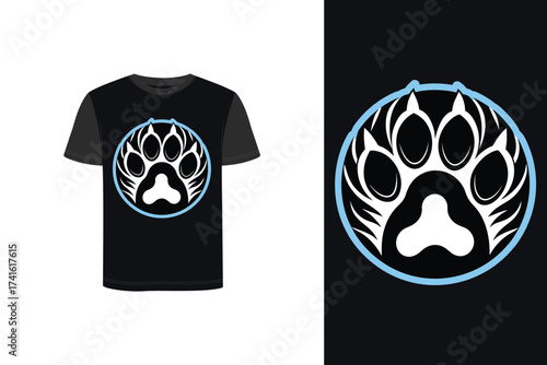 Stylized Tshirt mockup tiger paw with claws pads inside a light blue circle print