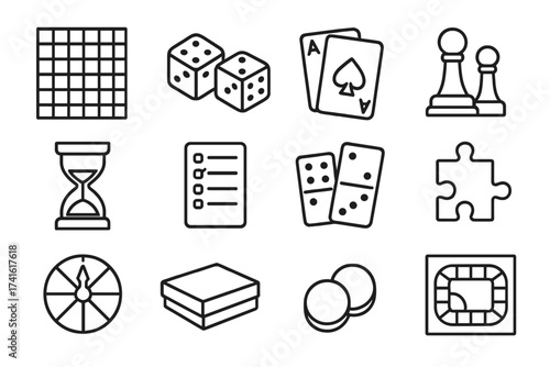 Board Game Essentials. Outline icon set of board games night: chess board, dice, playing cards, game pieces,
