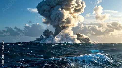 Massive volcano eruption spewing smoke and ash into the sky above a rough ocean sea with dramatic clouds
