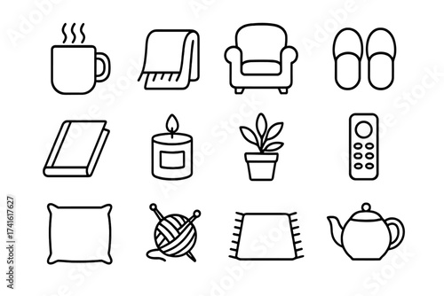Cozy Weekend Icons. Outline icon set of weekend relaxation at home: coffee mug, cozy blanket, armchair,
