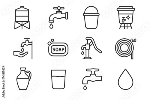 Clean Water Icons. Outline icon set of clean water access: water tank, tap stand, bucket, filter, handwashing