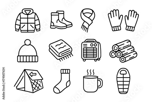 Winter Gear Icons. Outline icon set of winterization efforts: warm coat, boots, scarf, gloves, hat, wool