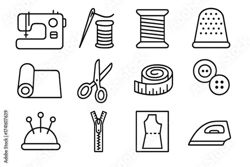 Sewing Icon Set. Outline icon set of sewing projects: sewing machine, needle, thread spool, thimble, fabric