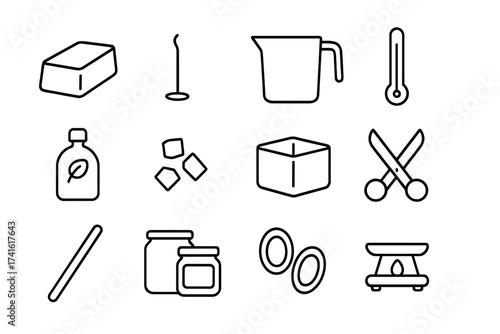 Candle Making Icons. Outline icon set of candle making: wax block, wick, pouring pot, thermometer, fragrance