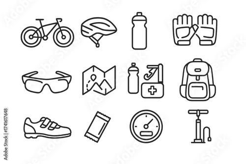 Cycling Adventure Icons. Outline icon set of cycling adventures: mountain bike, helmet, water bottle, cycling