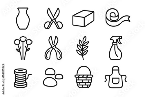 Floral Arrangement Tools Icons. Outline icon set of floral arranging: vase, scissors, floral foam, ribbon,