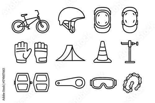 Extreme Cycling Icons. Outline icon set of extreme cycling stunts: BMX bike, helmet, knee pads, elbow pads,