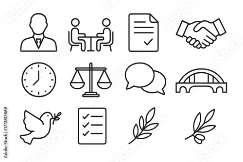 Mediation Icon Set. Outline icon set of mediation process: mediator silhouette, two people facing each other,