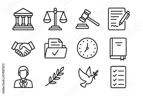 Legal Icons Grid. Outline icon set of legal conflict resolution: courthouse, scales of justice, gavel,