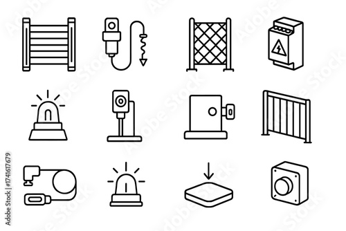 Conveyor Safety Icons. Outline icon set of conveyor belt safety devices: safety light curtain, emergency stop