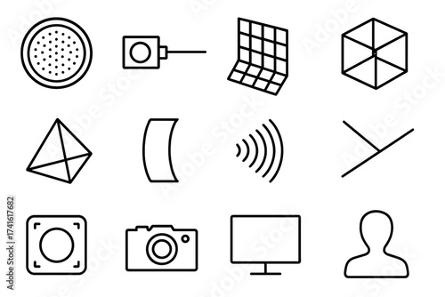Holographic Icon Set. Outline icon set of holographic invisibility: hologram plate, laser source, projection