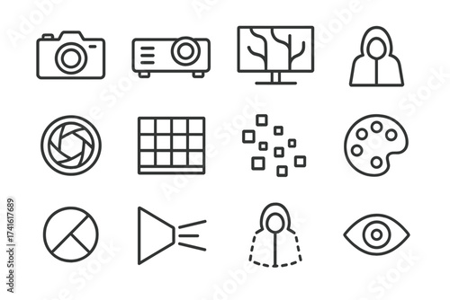 Optical Camouflage Icons. Outline icon set of optical camouflage: camera, projector, display panel, cloaked