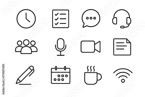 Team Meeting Icons. Outline icon set of daily team sync calls: clock, task list, chat bubble, headset,
