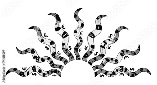 Whimsical sun illustration with wavy rays adorned with currency symbols and abstract patterns.