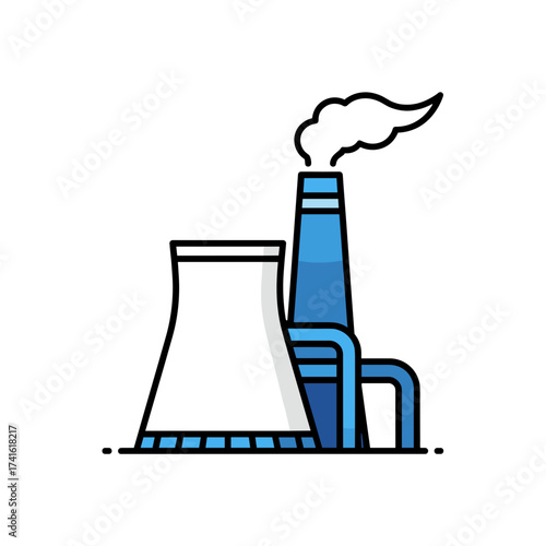 Cooling tower with chimney and smoke on a transparent background