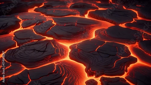 Molten lava glowing with intense orange and red heat flows across a cracked dark rock surface