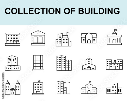 Flat Vector Icon Collection of City Buildings and Urban Architecture – Minimalist Outline Illustration Set. Great for posters, banners, real estate, construction, etc.
