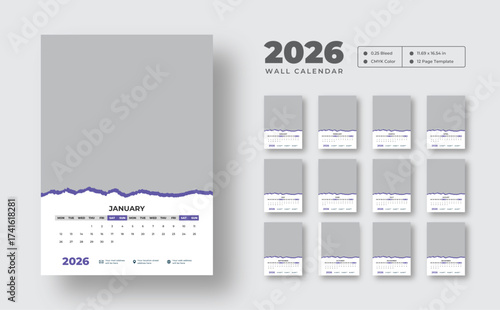 2026 monthly wall calendar design  | Week starts on Monday, A3 size | Editable 12-page vector template | Monthly planner design in corporate and business style