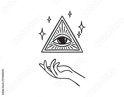 Hand holding an all seeing eye in a triangle, monochrome line art hand drawn style